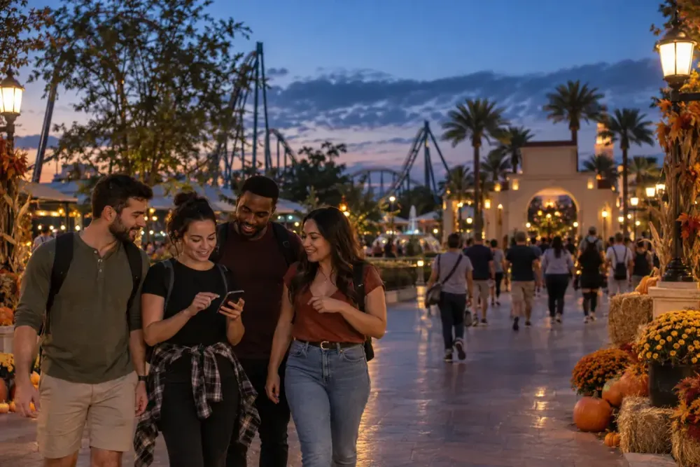Illustration of visitors checking evening plans on a fall-decorated Central Florida theme-park promenade