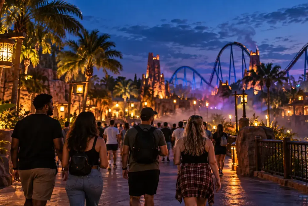 AI-generated editorial image of adult visitors walking through a generic Central Florida theme park at twilight.