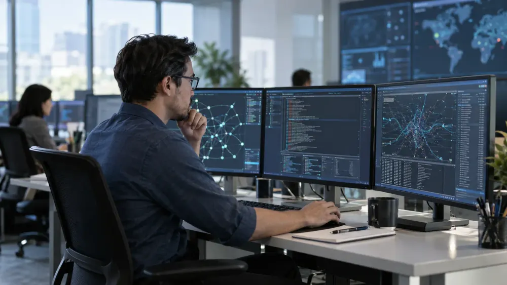 Cybersecurity analyst reviewing network activity across multiple monitors in a modern operations center