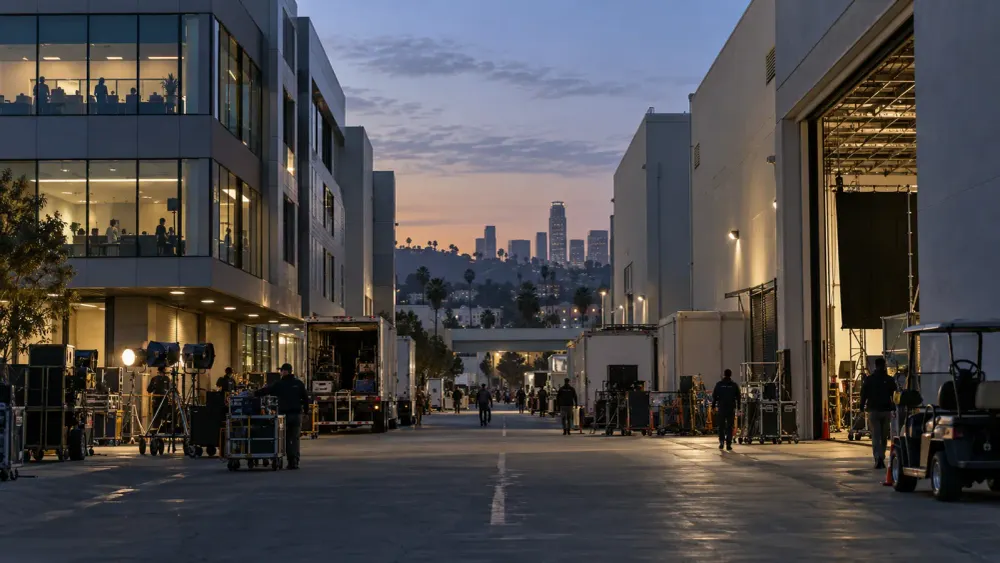 Film crews work between anonymous studio buildings on a Los Angeles backlot at dusk.