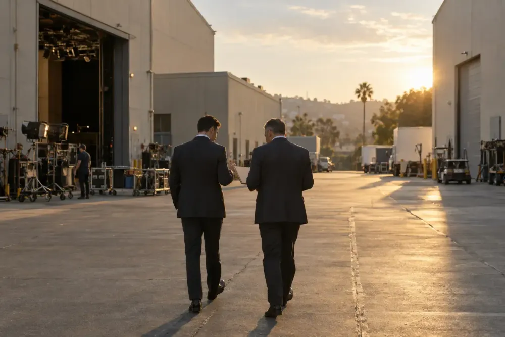 Two corporate attorneys walk through an unbranded Los Angeles film studio lot during merger negotiations.