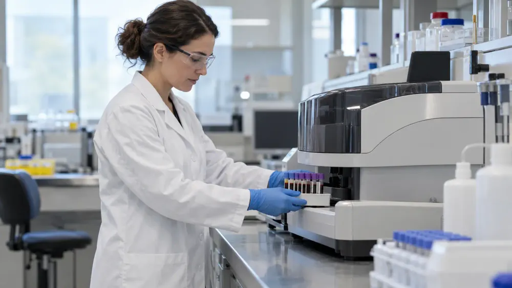 A cardiovascular laboratory researcher handles blood samples beside an unbranded analyzer