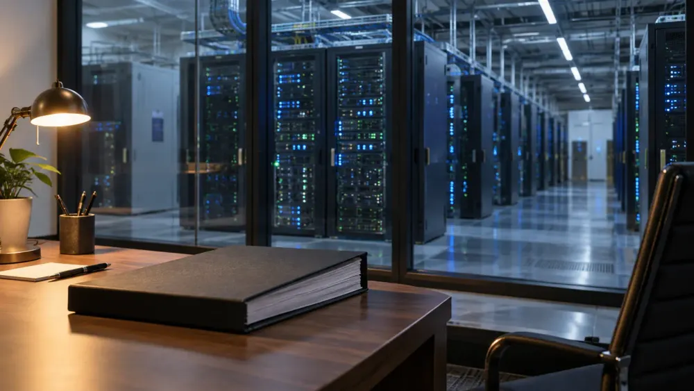 Closed policy binder on a desk overlooking a secure server room
