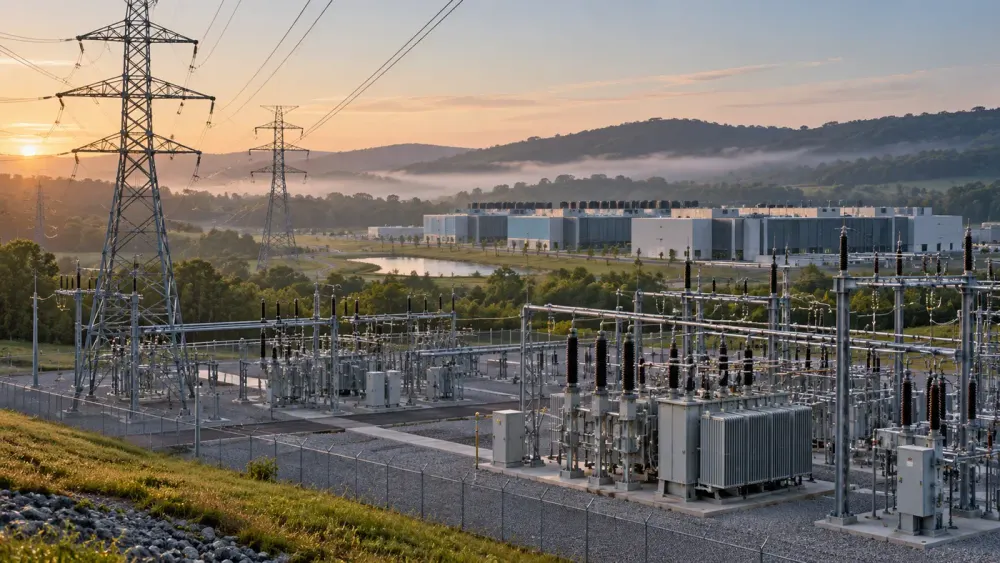 Conceptual editorial image of a Pennsylvania electrical substation, transmission lines and a generic data center campus.