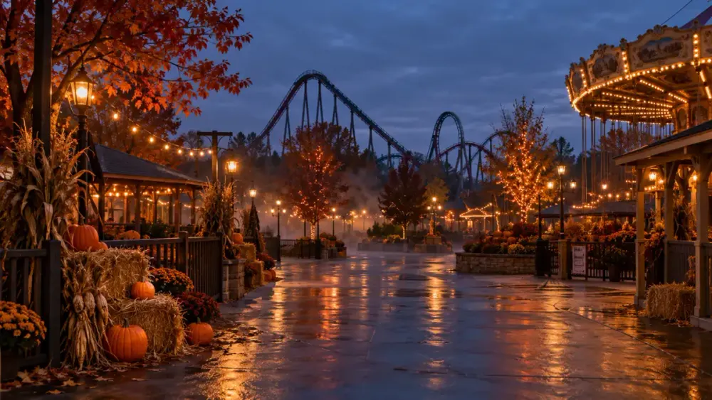 Generic autumn amusement park midway at dusk with pumpkins, warm lights and a roller coaster silhouette