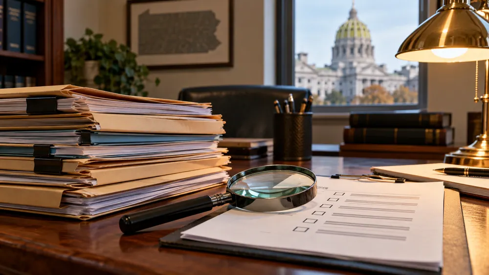 A government review desk with case folders, a magnifying glass and checklist papers under a warm lamp.