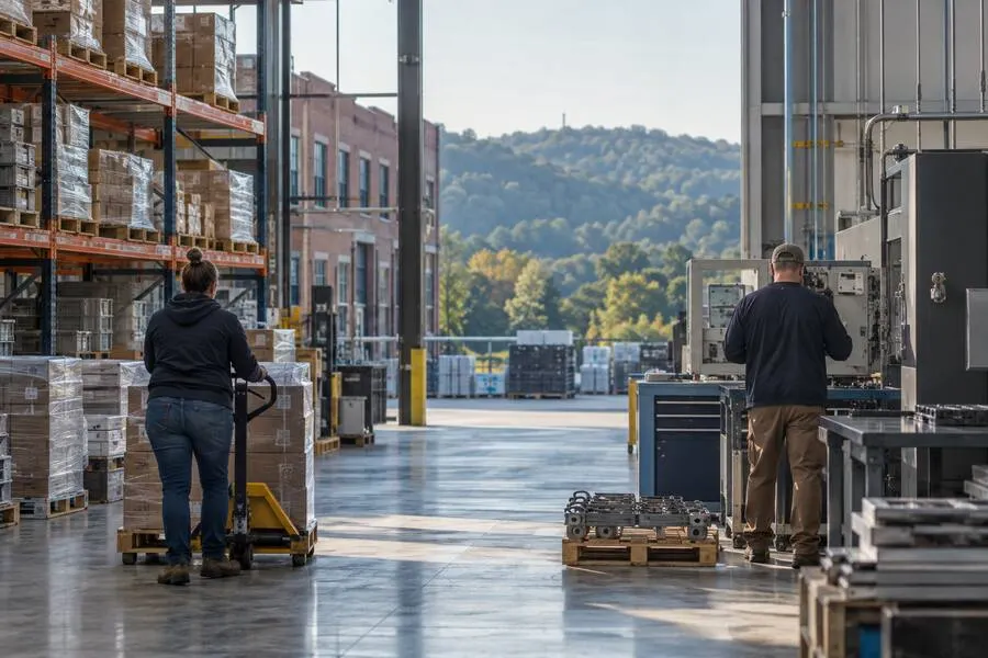 Illustrative view of two workers in an unbranded Pennsylvania logistics and light-manufacturing facility
