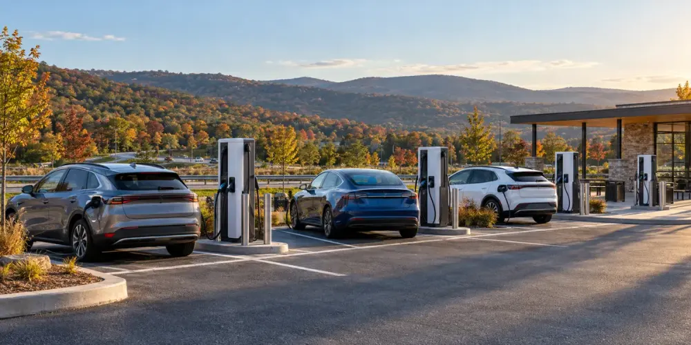Generic electric vehicles charging at an unbranded public station in Pennsylvania's autumn hills.