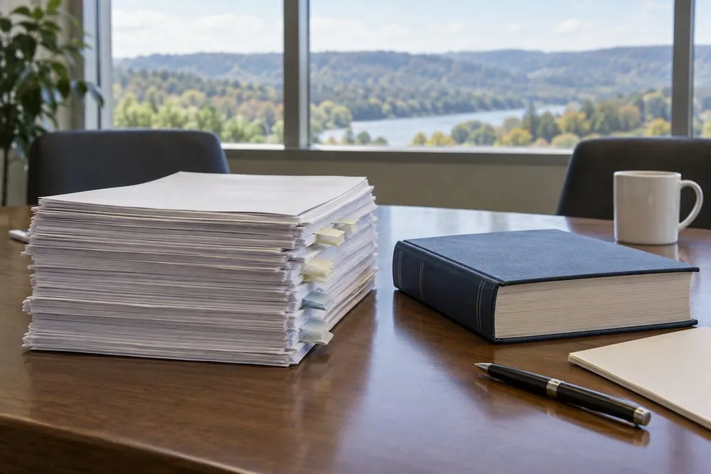 A thick stack of regulatory pages and a reference book on a Pennsylvania office table.