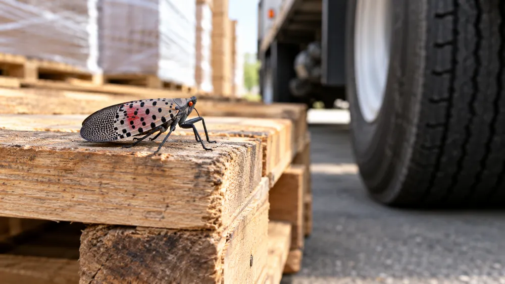 AI-generated editorial image of a spotted lanternfly on a freight pallet beside an unbranded truck tire.