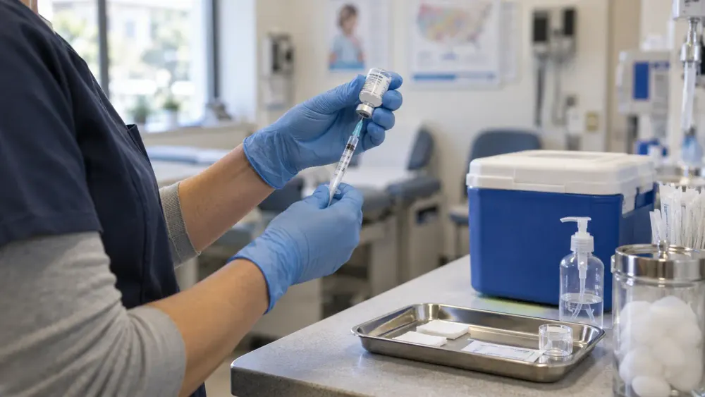 A healthcare worker prepares a vaccine syringe in a community clinic.