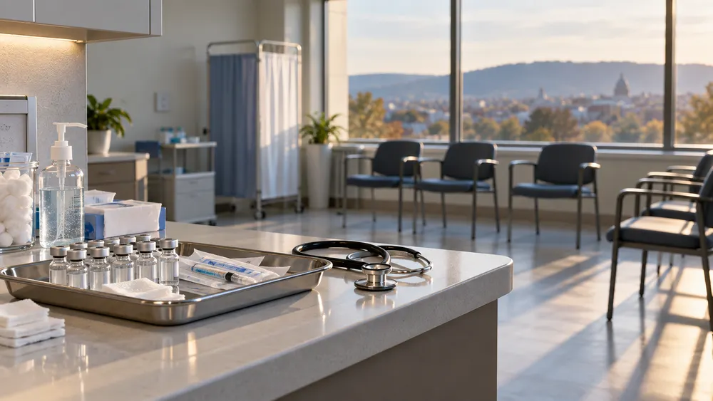 Empty Pennsylvania community vaccination clinic prepared for a public-health response