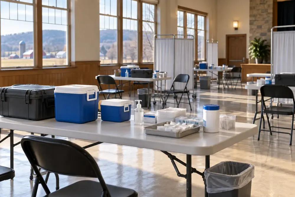 Illustrative view of a temporary community vaccination clinic prepared inside a Pennsylvania civic hall