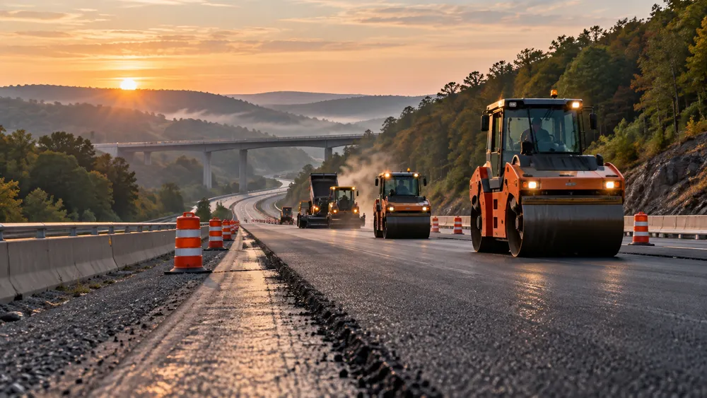 Fresh asphalt, road rollers and safety cones on a Pennsylvania highway work zone against wooded hills at dawn.