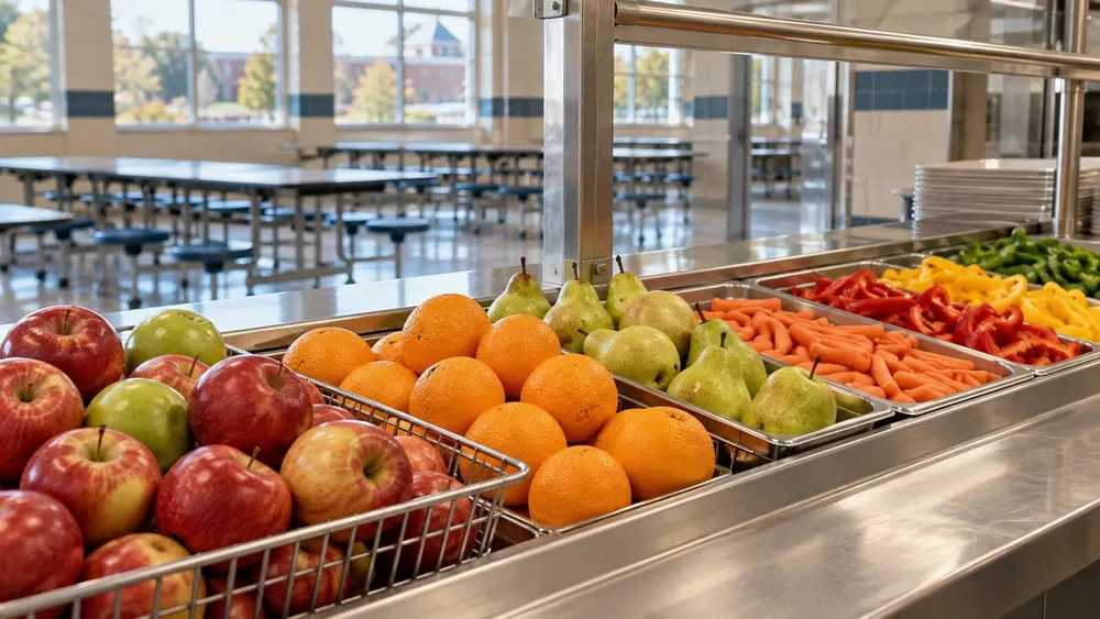 Fresh fruit and vegetables arranged for snacks in a Pennsylvania school cafeteria