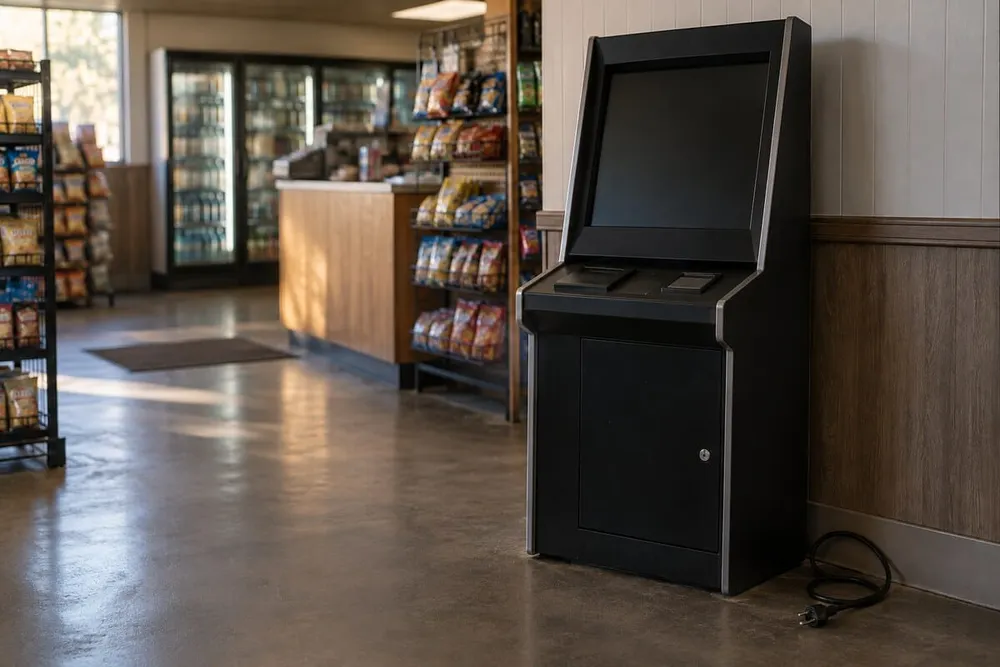 A generic unbranded gaming terminal sits powered off and unplugged inside a quiet convenience store.
