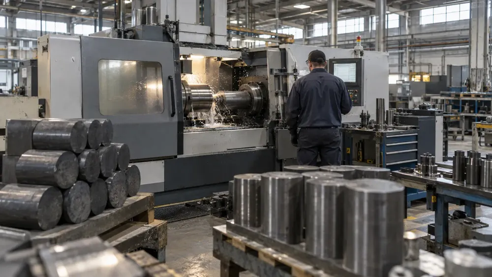 A plant technician monitoring precision metal machining in an unbranded industrial facility