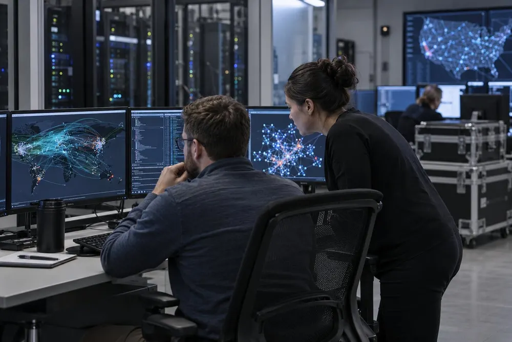 Civilian cybersecurity analysts monitor network activity in a secure operations center.