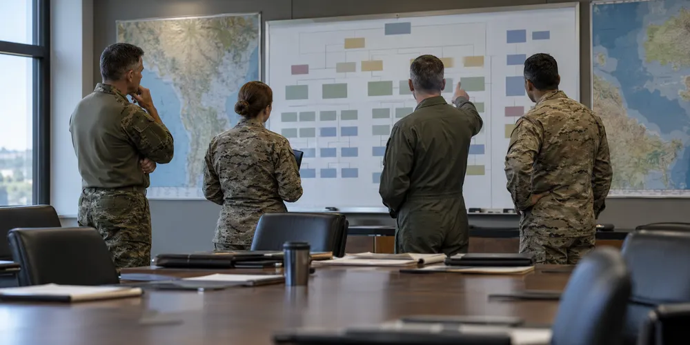 Military planning professionals review an organizational structure in a conference room.