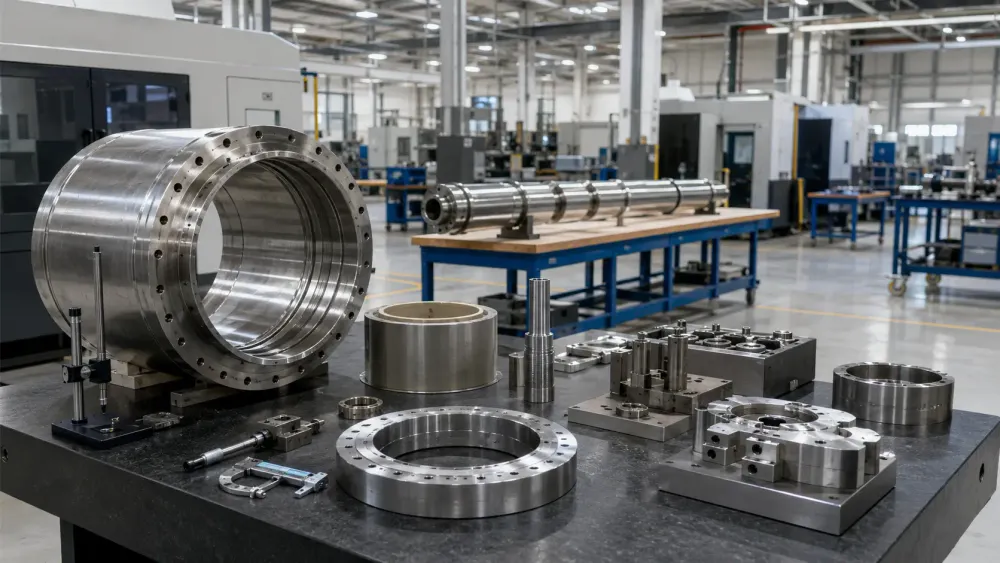Precision-machined aerospace components undergoing quality inspection in a modern factory