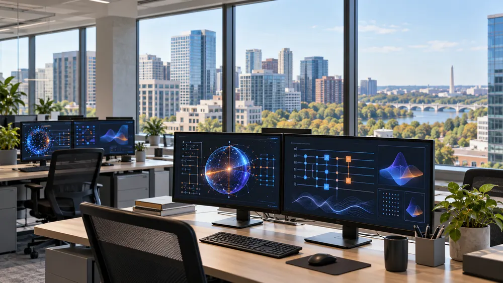 Conceptual editorial image of a modern quantum-software office overlooking Arlington, Virginia.