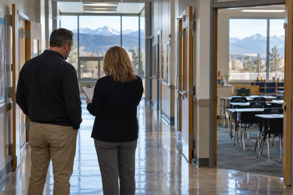 Two school staff members review a clipboard in a quiet public school corridor beside an empty classroom.