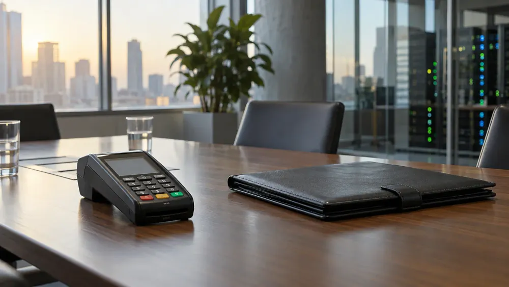 An unbranded payment terminal and closed portfolio on a corporate conference table in natural daylight