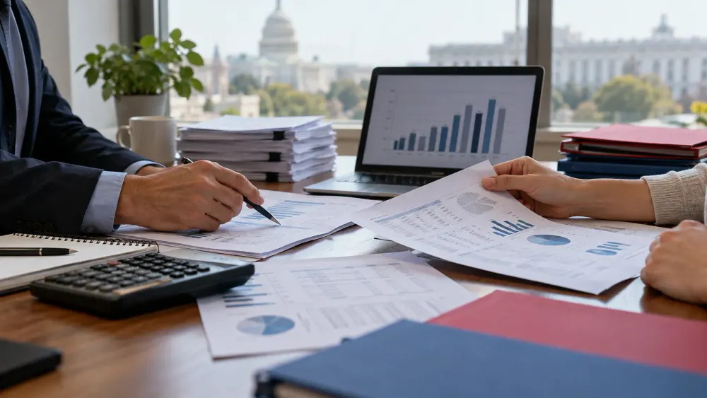 Campaign finance staff review expenditure charts beside red and blue folders in a Washington office.