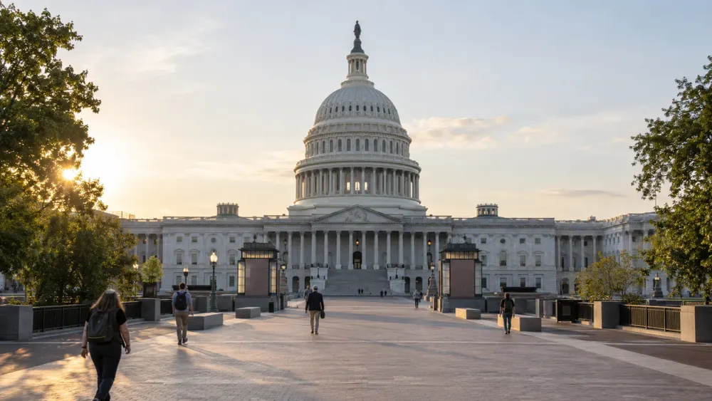 The United States Capitol in early morning light as pedestrians cross the public plaza.