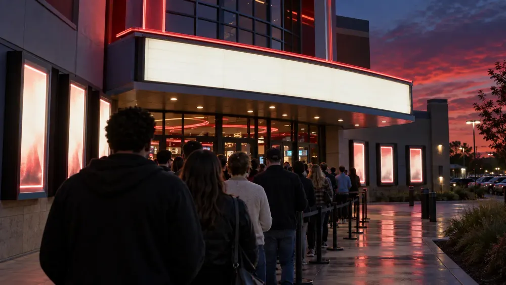 Moviegoers line up outside a contemporary cinema beneath blank illuminated marquees at dusk.