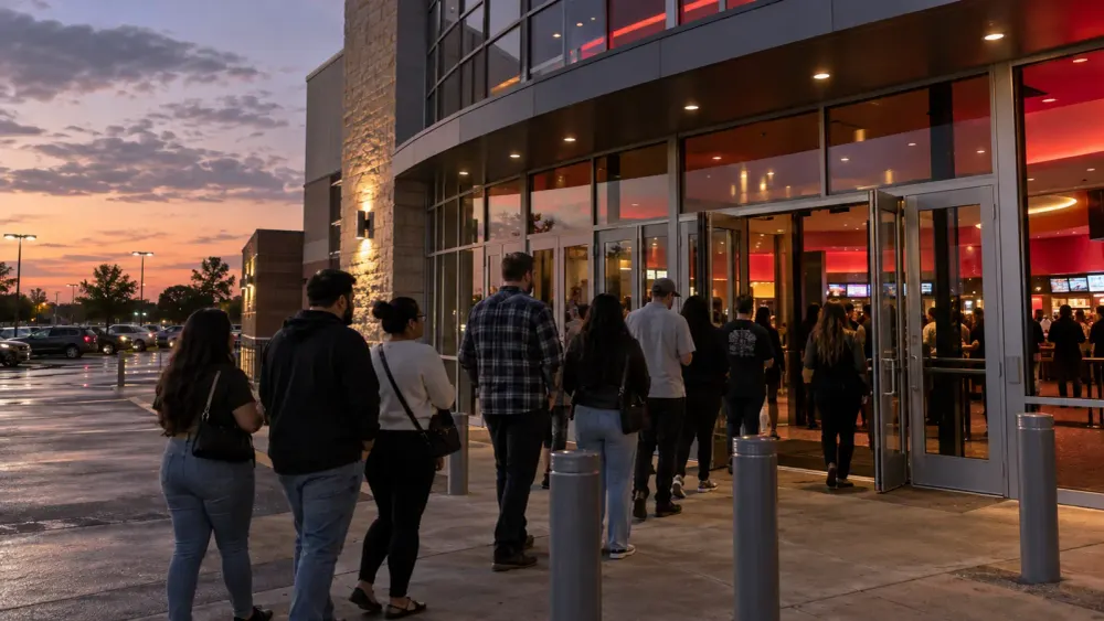 Moviegoers line up outside a contemporary multiplex at dusk.