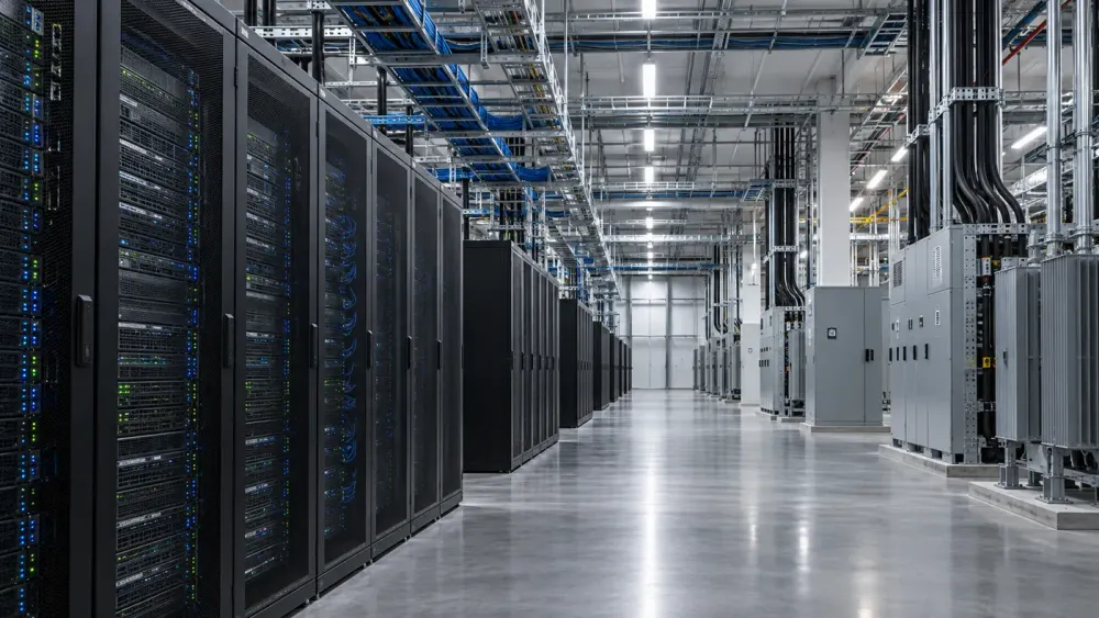 Anonymous data center server racks beside electrical distribution equipment.