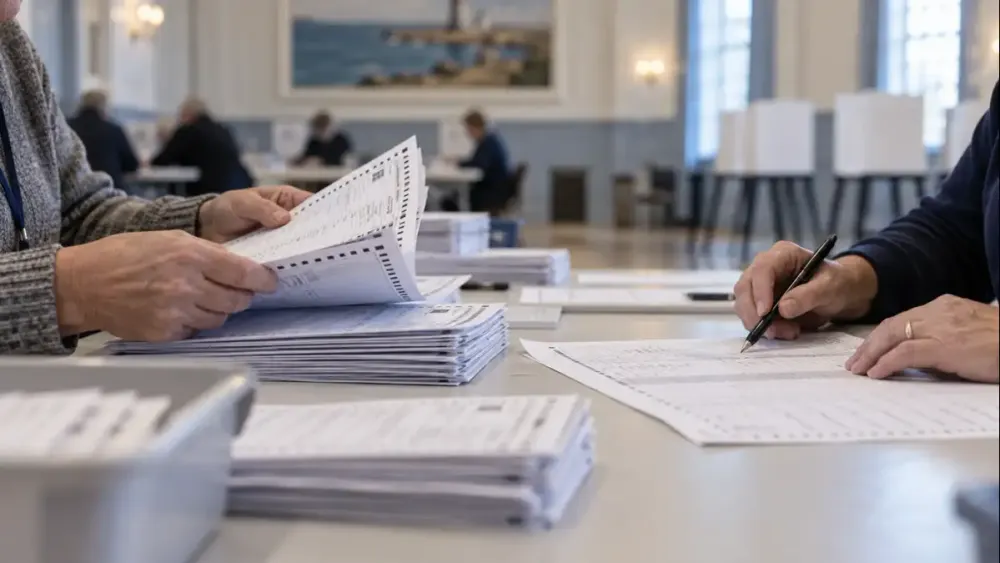 Election workers review stacks of paper ballots at a municipal counting table.