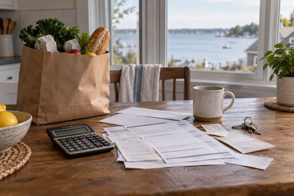 Conceptual coastal kitchen table with groceries, household papers, keys, a calculator and a mug.