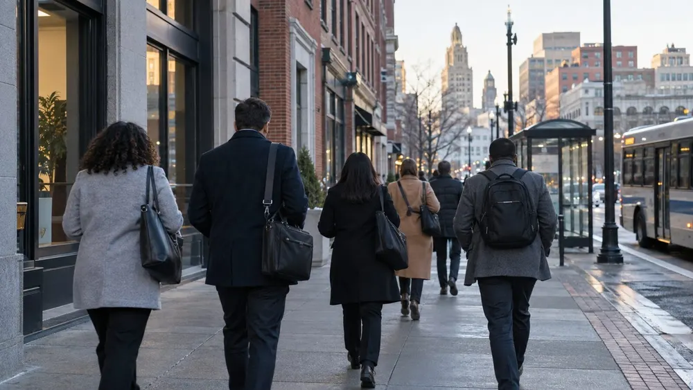 Workers walk toward offices and businesses along a Providence streetscape during the morning commute.