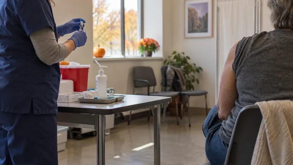 A healthcare worker prepares a vaccine tray in a quiet community clinic as an adult patient waits nearby.