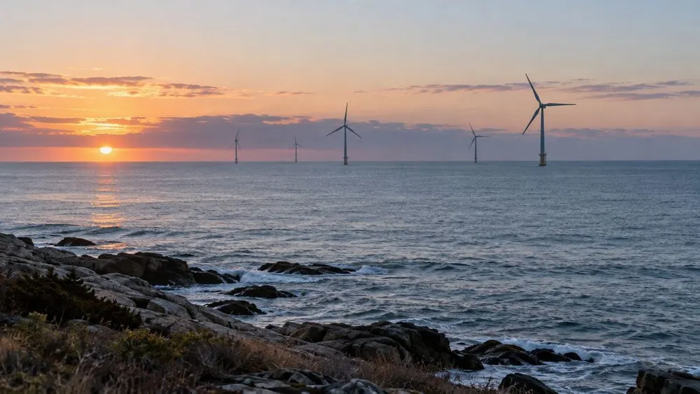 Editorial illustration of offshore wind turbines at sea near a rocky New England coastline at sunrise.
