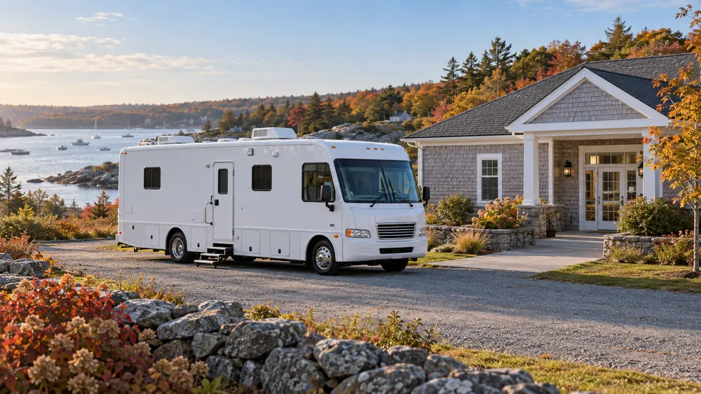 Unbranded mobile medical clinic beside a small coastal New England health building in autumn
