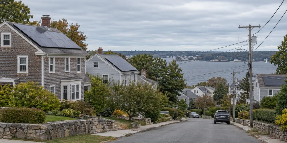 Solar panels on rooftops in a Rhode Island residential neighborhood under an overcast sky