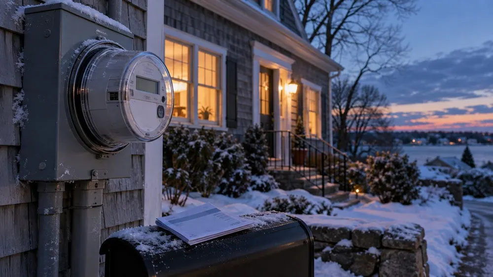 Representative winter scene of a Rhode Island home with an electric meter and an unreadable utility bill.