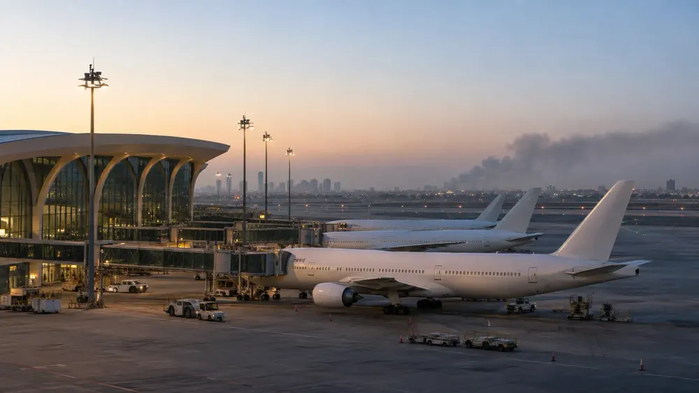 Unbranded passenger aircraft parked at a modern airport at dawn with a distant smoke haze beyond the runway