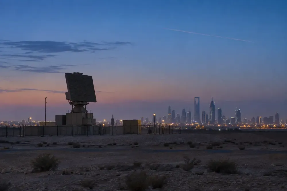 Air-surveillance radar overlooking the Riyadh skyline at blue hour.