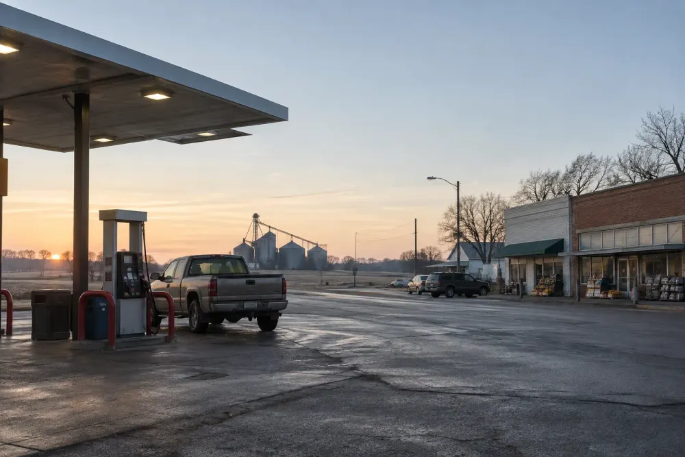 A pickup truck at an unbranded fuel pump beside a rural American main street at dawn