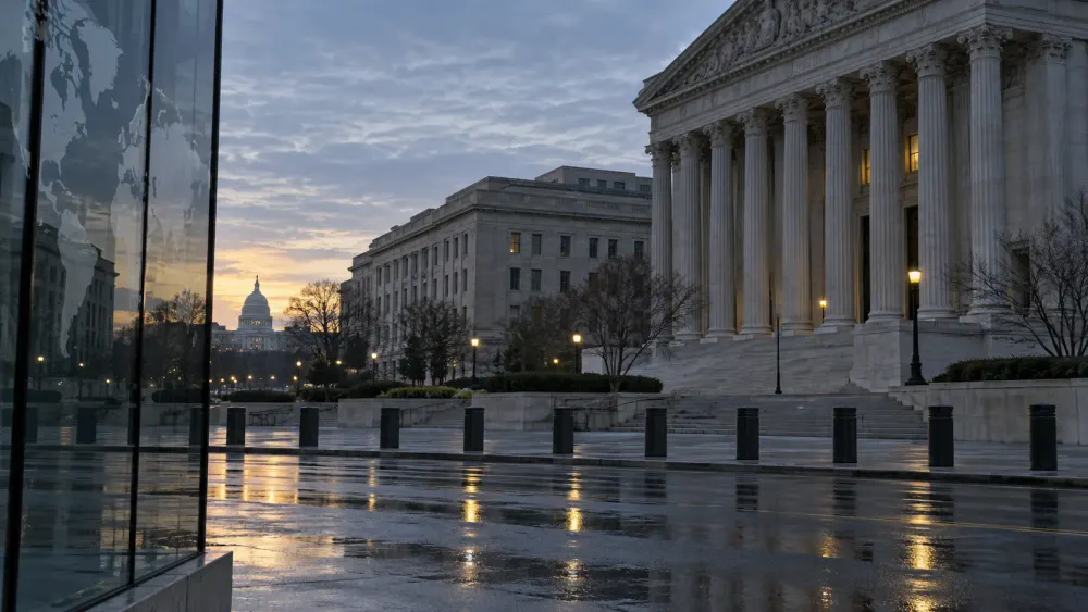 Washington federal courthouse district at dawn with a subtle world map reflected in glass.