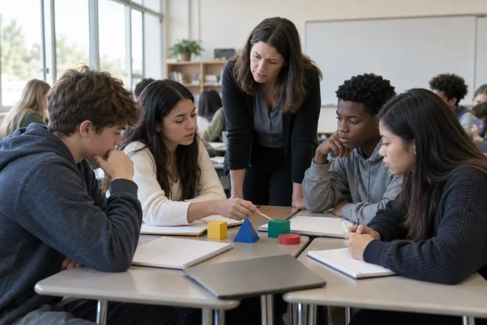 A teacher works with four high-school students during a collaborative classroom lesson.