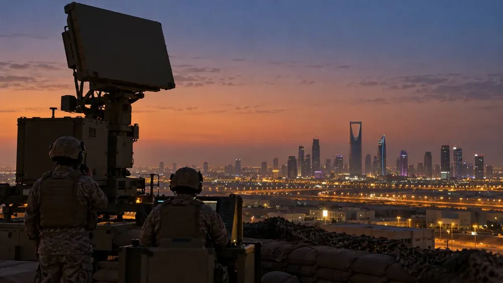 Air-defense radar operators monitor the sky overlooking Riyadh before dawn.