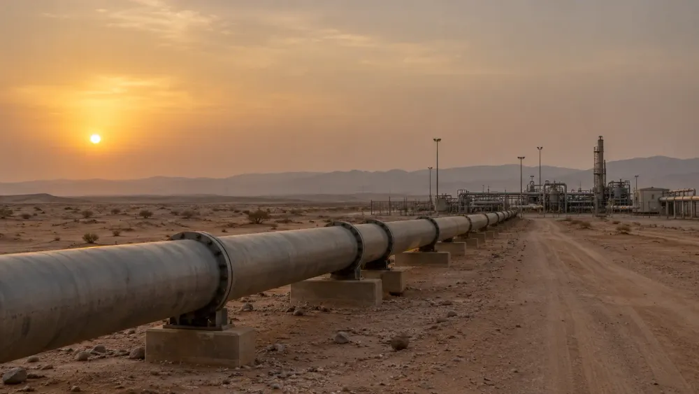 A large oil pipeline crosses a Saudi desert landscape toward an industrial pumping station at sunset.