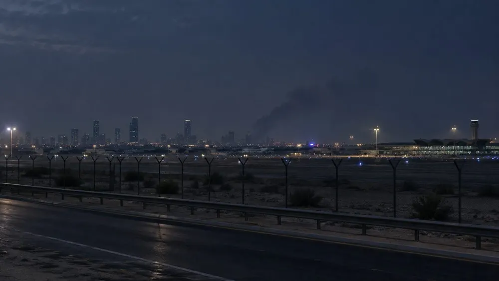 Symbolic pre-dawn view across an airport perimeter toward a hazy Gulf-region city skyline with a distant plume of smoke.