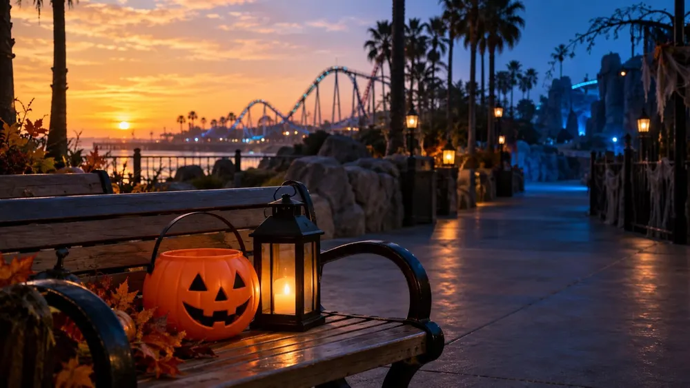 An orange trick-or-treat pail and lantern beside a coastal theme-park walkway at twilight
