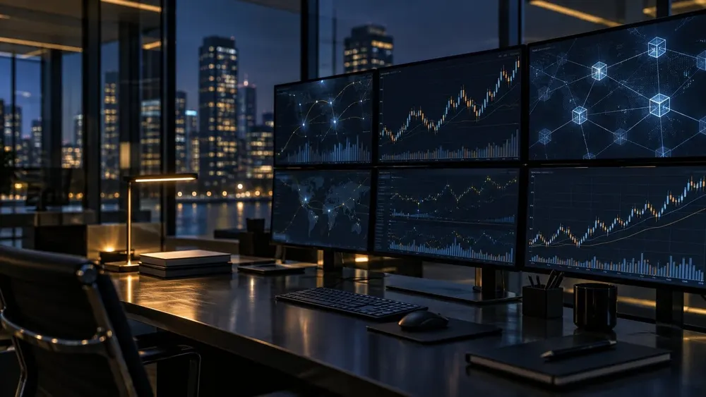 An empty institutional trading desk with abstract market charts and blockchain-style network graphics across multiple monitors